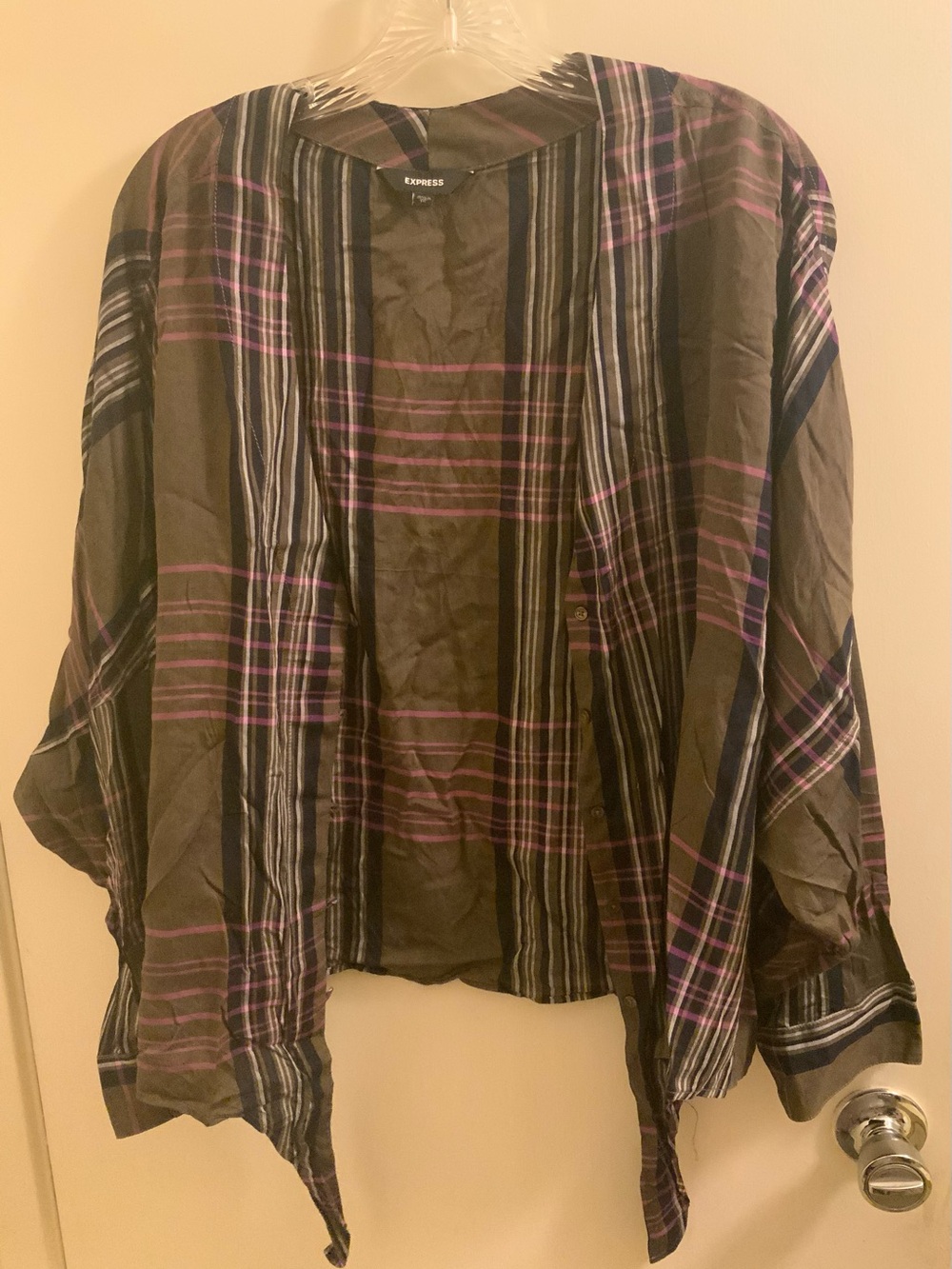 Express Plaid Buttoned Tie Front Blouse - Black, Purple & Gray